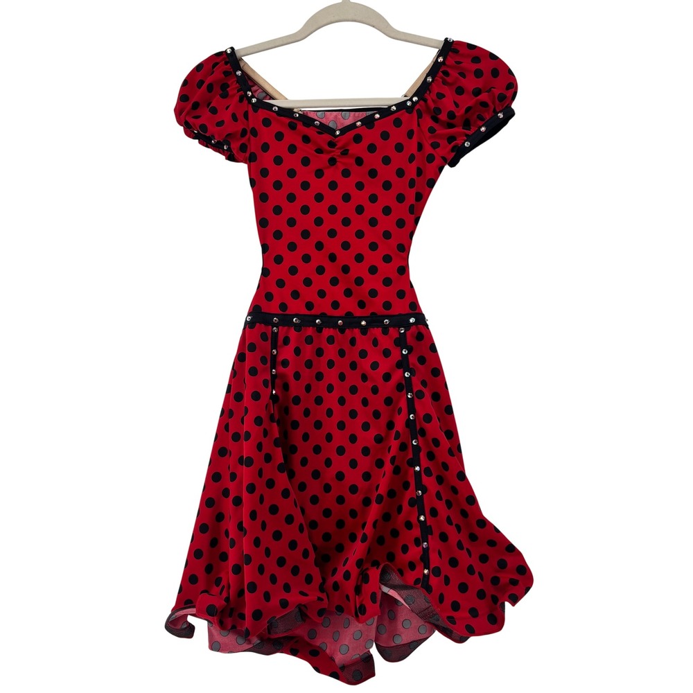 Ladybug Red Black Polka Dot Rhinestone Open Back Dance Costume Large Girls